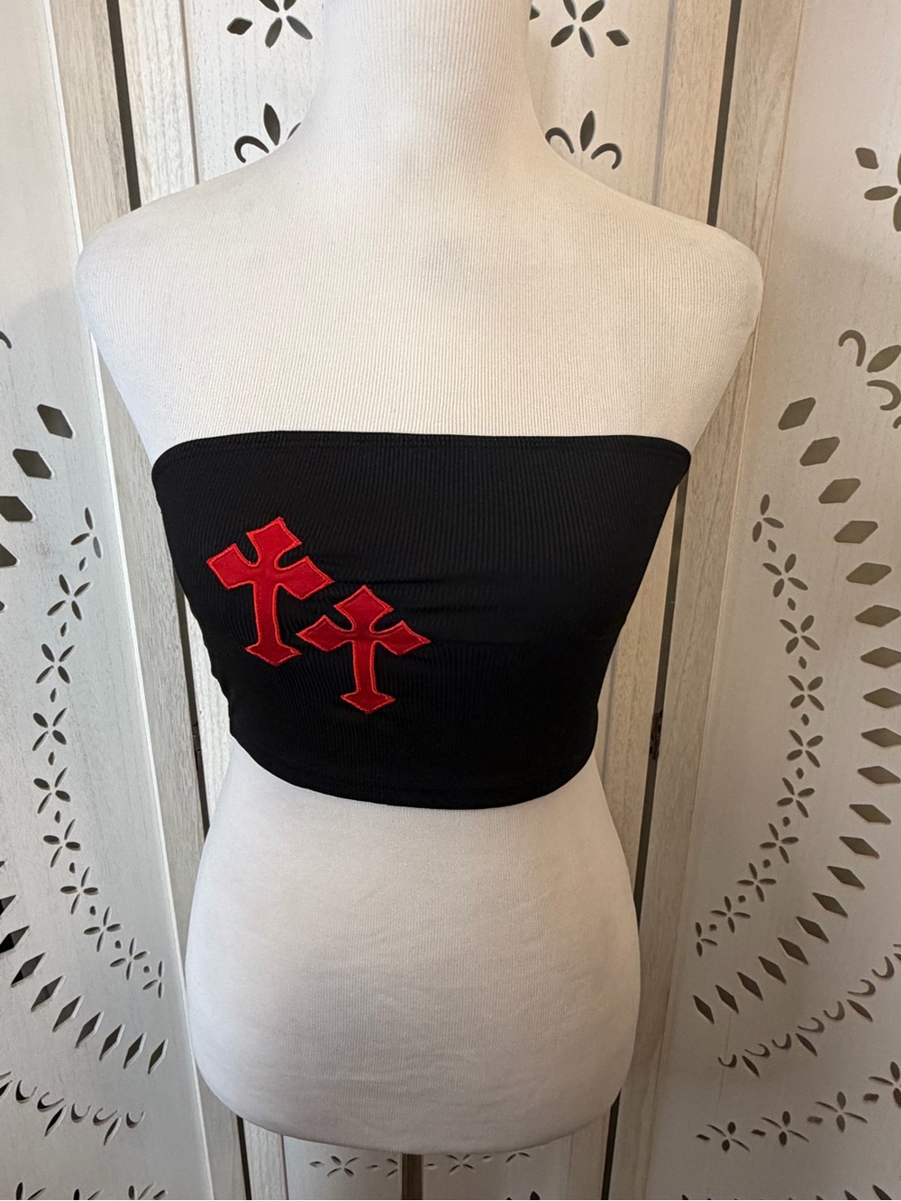 Black Strapless Ribbed Tube Top with Red Cross Applique